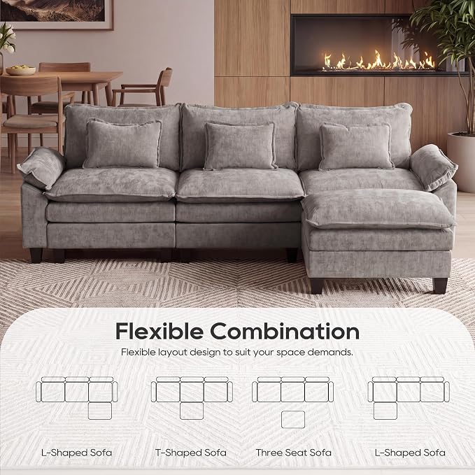 URRED Oversized Modular Sectional Sofa, 122" L Shaped Modern Comfy Cloud Couch with Movable Ottoman & Pillows, Deep Seat Couches for Living Room, Bedroom or Apartment (Chenille Gray, 122" L Shaped)