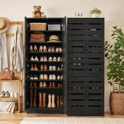 Tribesigns 71 in. Tall Shoe Cabinet with Doors,9-Tier Rustic Black Wood Vertical Shoe Storage with Adjustable Shelves and Metal Handle for Entryway,Living Room,Hallway
