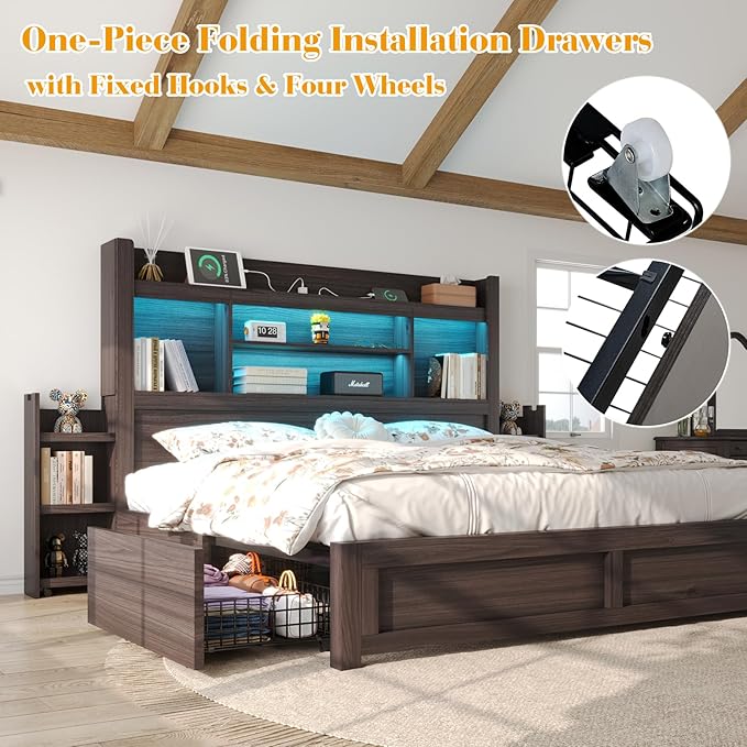LUXOAK Full Bed Frame with 49.6" Bookcase Headboard & 2 Bedside Stoage Racks & 4 Drawers, Farmhouse Wood Bed Frame with RGB LED & Charging Station, No Box Spring Needed, Black