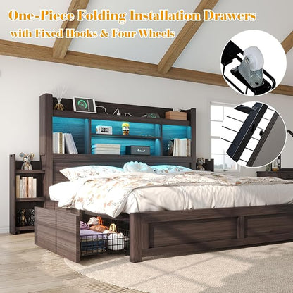 LUXOAK Full Bed Frame with 49.6" Bookcase Headboard & 2 Bedside Stoage Racks & 4 Drawers, Farmhouse Wood Bed Frame with RGB LED & Charging Station, No Box Spring Needed, Black