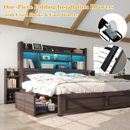 LUXOAK Queen Bed Frame with 49.6" Bookcase Headboard & 2 Bedside Stoage Racks & 4 Drawers, Farmhouse Wood Bed Frame with RGB LED & Charging Station, No Box Spring Needed, Black