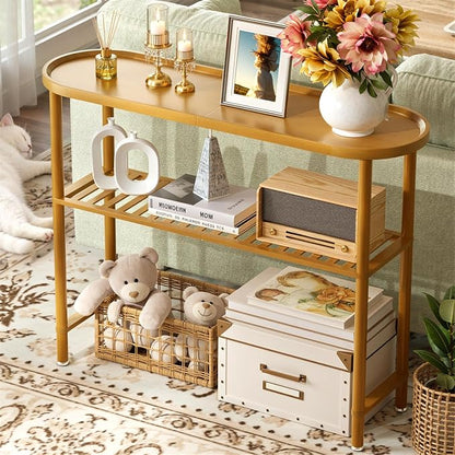 Bamboo Foyer Table for Entryway 39.4", Farmhouse Entryway Table for Hallway Oval Top, Sofa Console Table with Anti-fall Edge, TV Stand for Living Room, Indoor Plant Stand, 5min Easy Assembly, Walnut