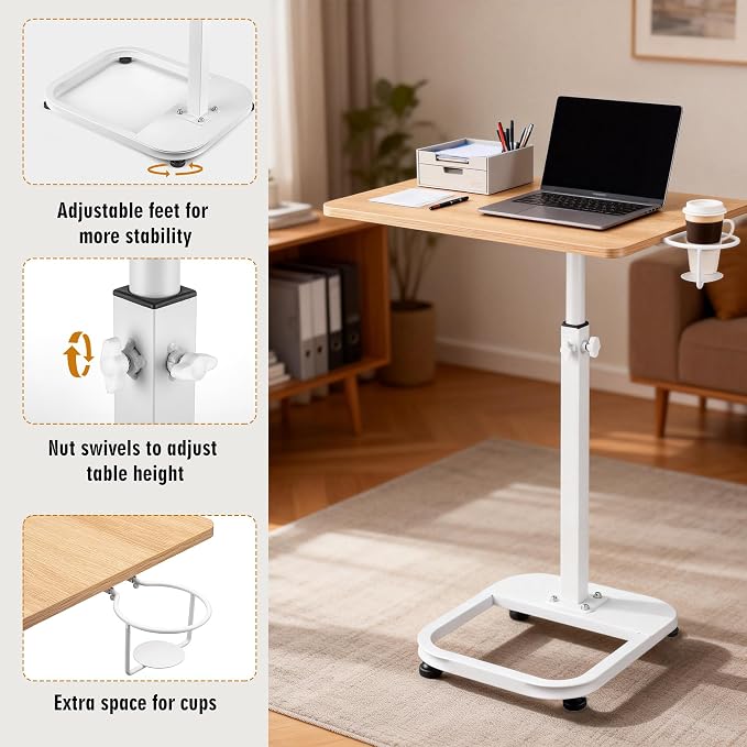 facka Adjustable C-Shaped End Table for Couch & Bed, Adjustable Height TV Tray, Stable Laptop Desk, Space-Saving Snack Side Table with Rounded Metal Corners