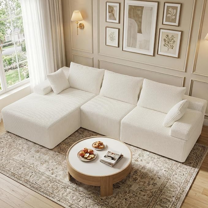 kinmars 108" Boneless Sectional Couch,Corduroy Cloud Couch Sectional for Living Room,Modern L Shaped Modular Sectional Couch,3 Seater Sofa (Beige, 108.9" L Shaped with Left Facing Chaise)