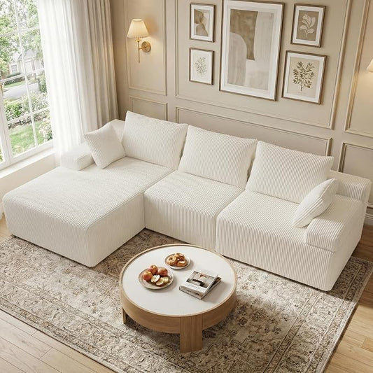 kinmars 108" Boneless Sectional Couch,Corduroy Cloud Couch Sectional for Living Room,Modern L Shaped Modular Sectional Couch,3 Seater Sofa (Beige, 108.9" L Shaped with Left Facing Chaise)