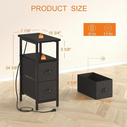 sthmec Narrow End Table with Charging Station, Narrow Side Table with 2 Fabric Drawers, LED End Table, Slim Nightstand with LED Light, Small Side Table for Small Spaces, Living Room, Bedroom, Black