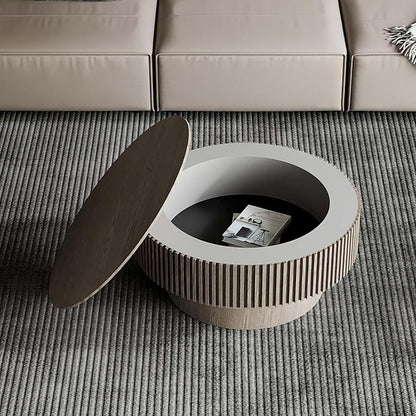 Round Coffee Table with Storage, Modern Wooden Coffee Table with Solid Wood Veneered, Circle Center Table Accent Tea Table for Living Room Apartment Small Space (31.5''L × 31.5''W × 14''H, Grey)