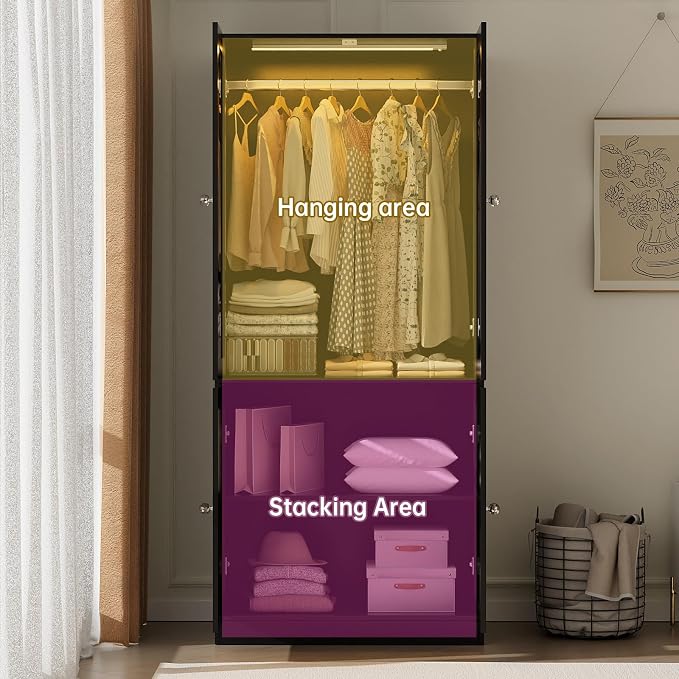 VOWNER 75" Tall Armoire Wardrobe Closet with Drawers & Lights, Clothing Storage Cabinet with 2 Glass Doors & Hanging Rod, Wooden Armoire Storage Cabinet for Bedroom (Black, 75''H)