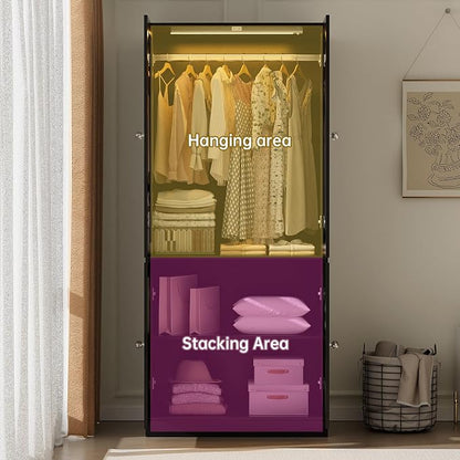 VOWNER 75" Tall Armoire Wardrobe Closet with Drawers & Lights, Clothing Storage Cabinet with 2 Glass Doors & Hanging Rod, Wooden Armoire Storage Cabinet for Bedroom (Black, 75''H)