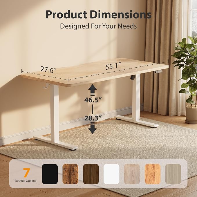 Cubiker Standing Desk, 55x28 Inches Sit Stand Home Office Desk, Electric Stand up Desk, Adjustable Desk with Splice Board, White Frame/Maple Top