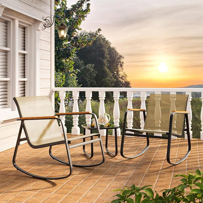 Ahomly 3-Piece Outdoor Rocking Bistro Set, Outdoor Patio Furniture Set with Textilene Fabric, Patio Rocking Chairs and Glass Table for Garden Balcony Backyard Poolside Brown