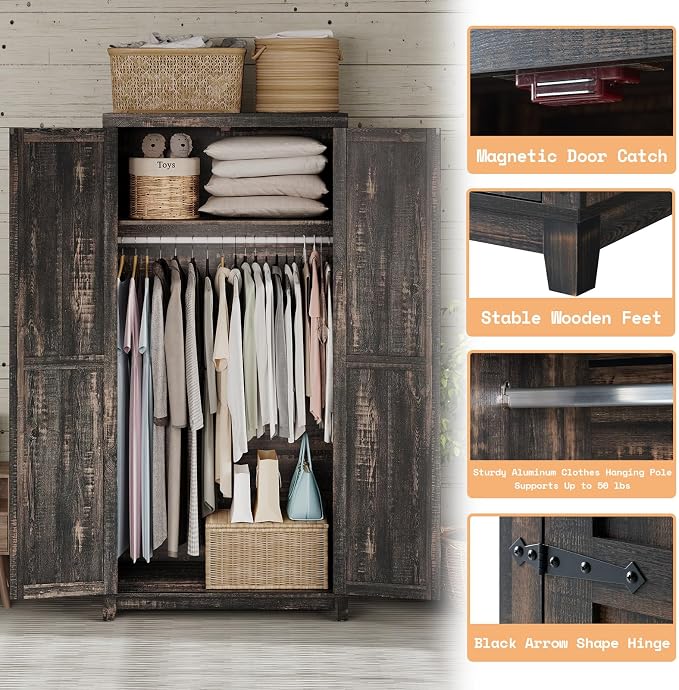 AMERLIFE Farmhouse Armoire Wardrobe Closet with 2 Barn Doors, 71'' Storage Cabinet with Hanging Rod & Shelf, Versatile Clothing Storage for Bedroom, Black Oak