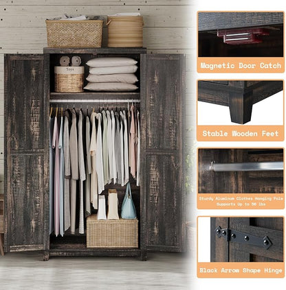 AMERLIFE Farmhouse Armoire Wardrobe Closet with 2 Barn Doors, 71'' Storage Cabinet with Hanging Rod & Shelf, Versatile Clothing Storage for Bedroom, Black Oak