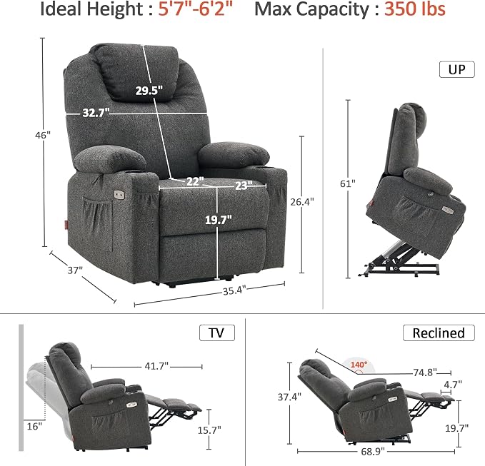 MCombo Power Lift Recliner Chair for Elderly, Lift Chair with Heat and Massage for Tall People, USB&Type C Ports, Extended Footrest, Cup Holders, Fabric 7516 (Large,Dark Grey)