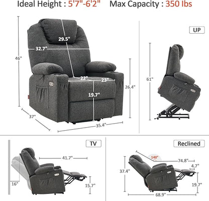 MCombo Power Lift Recliner Chair for Elderly, Lift Chair with Heat and Massage for Tall People, USB&Type C Ports, Extended Footrest, Cup Holders, Fabric 7516 (Large,Dark Grey)