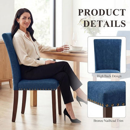 MALOL Dining Chairs Set of 4, High Back Dining Chair with Wood Legs and Nailhead Trim, Modern Padded Kitchen Room Chairs for Dining Room/Restaurant, Dark Blue