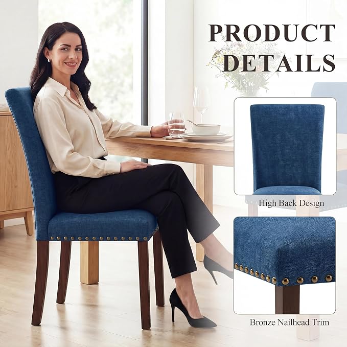 MALOL Dining Chairs Set of 6, High Back Dining Chair with Wood Legs and Nailhead Trim, Modern Padded Kitchen Room Chairs for Dining Room/Restaurant, Dark Blue
