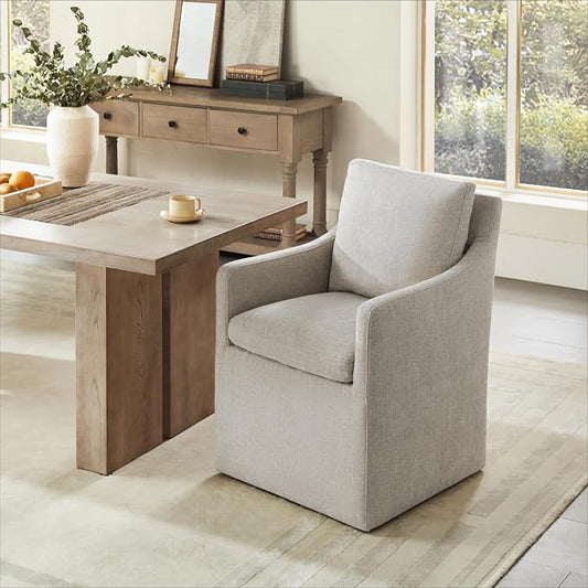 KISLOT Upholstered Dining Chairs with Casters, No Assembly Modern Accent Armchair with Rollers for Dining Room, Bedroom, Living Room, Reading Room, Already Assembled, Sand, 1 Box