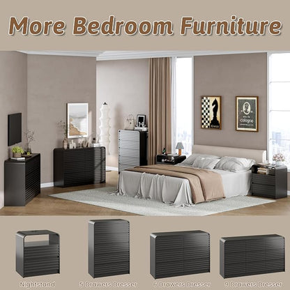 Dresser and Nightstand Sets for Bedroom, 3 Pcs Bedroom Set, Fluted 6 Drawer Dresser with Curved Profile and Night Stand Set of 2 with Charging Station, Wood Chest of Drawers, Black