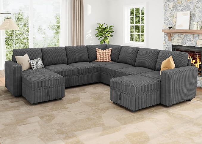 HONBAY Modular Sectional Sleeper Sofa with Pull Out Couch, Corduroy Oversized Sectional Couches Pull Out Bed with U Shaped Sleeper Storage for Living Room - Dark Grey