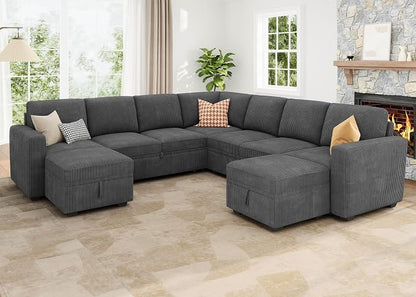 HONBAY Modular Sectional Sleeper Sofa with Pull Out Couch, Corduroy Oversized Sectional Couches Pull Out Bed with U Shaped Sleeper Storage for Living Room - Dark Grey