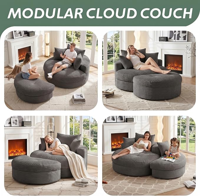 Oversized Round Chaise Lounge Chair, Deep Seat Cloud Boneless Floor Sofa Couch, Upholstered Corduroy Sleeper with 3 Pillows & Optional Ottoman, No Assembly Modern Lazy Floor Lounger for Living Room