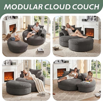 Oversized Round Chaise Lounge Chair, Deep Seat Cloud Boneless Floor Sofa Couch, Upholstered Corduroy Sleeper with 3 Pillows & Optional Ottoman, No Assembly Modern Lazy Floor Lounger for Living Room