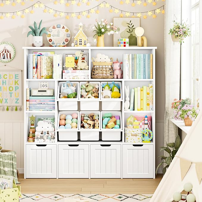 FINETONES Toy Storage Organizer with 6 Toy Bins, Large Toy Organizers and Storage with 4 Movable Drawers and 6 Storage Cubbies, Kids Toy Storage and Toy Chest for Playroom and Kids Room, White