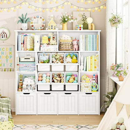 FINETONES Toy Storage Organizer with 6 Toy Bins, Large Toy Organizers and Storage with 4 Movable Drawers and 6 Storage Cubbies, Kids Toy Storage and Toy Chest for Playroom and Kids Room, White