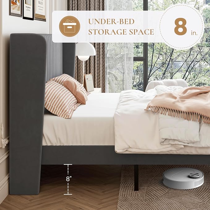 SHA CERLIN Queen Size Velvet Bed Frame with Vertical Channel Tufted Wingback Headboard, Upholstered Platform Bed with Wood Slats, No Box Spring Needed, Easy Assembly, Grey