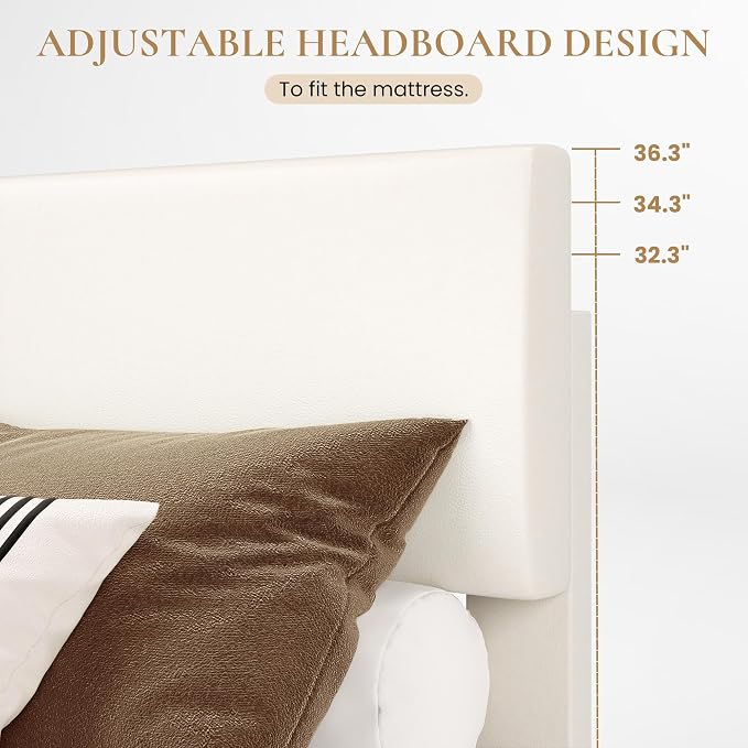 SHA CERLIN PU Leather Upholstered Queen Size Bed Frame with Headboard,White | Adjustable Low-Profile Platform Bed, Minimalist Design, Stable Mattress Foundation, Strong Back-Support, No Box Spring Needed