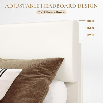 SHA CERLIN PU Leather Upholstered King Size Bed Frame with Headboard,White | Adjustable Low-Profile Platform Bed, Minimalist Design, Stable Mattress Foundation, Strong Back-Support, No Box Spring Needed