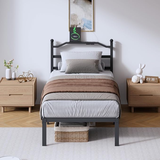 SHOANED Twin Size Bed Frame - 14 Inch Metal Heavy Duty Bedframe with Charging Station Black Basic Steel Slats Platform with Headboard No Box Spring Needed/Easy Assembly