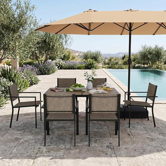Aoxun 8-Piece Patio Table and Chairs Set & 15ft Patio Umbrella for 6, All Weather Outdoor Dining Set with 6 Textilene Chairs and 1 Rectangular Metal Table for Backyard, Garden, Brown/Beige