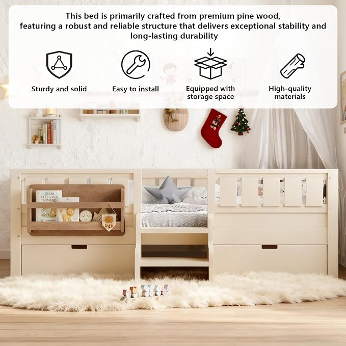 Full Platform Bed with Storage Drawers and Bookshelves, Kids Platform Bed Frame with Low-profile Stairs and Full-length Guardrails, Full Bed Frame for Kids, Boys, Girls, No Box Spring Needed, Beige