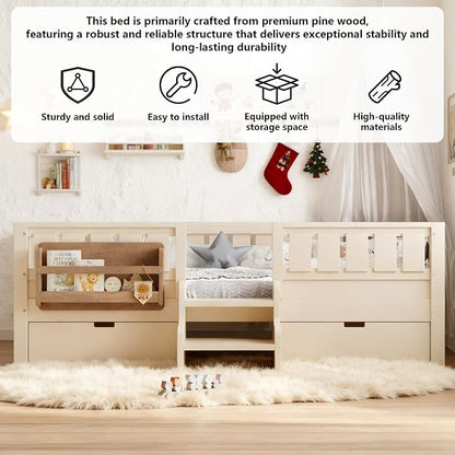 Full Platform Bed with Storage Drawers and Bookshelves, Kids Platform Bed Frame with Low-profile Stairs and Full-length Guardrails, Full Bed Frame for Kids, Boys, Girls, No Box Spring Needed, Beige