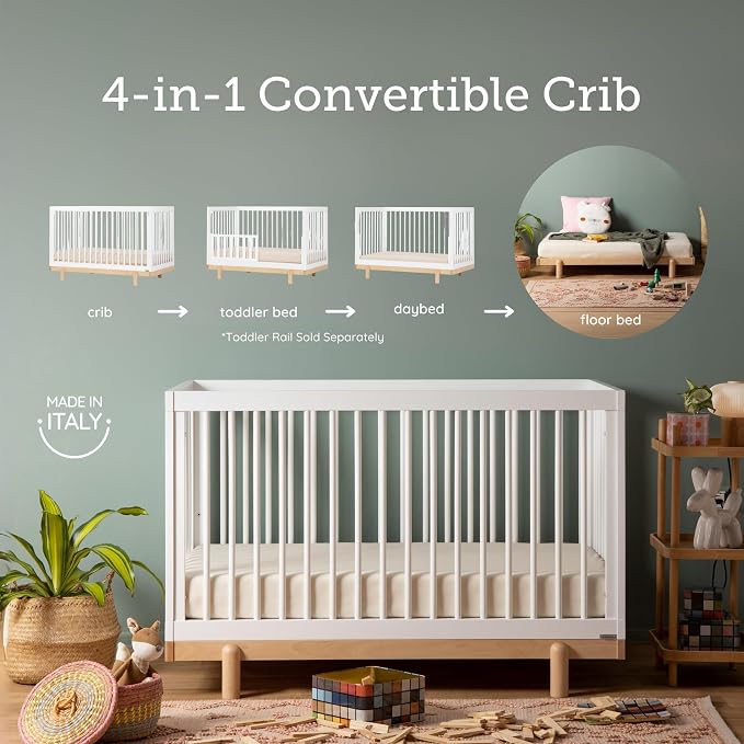 dadada Baby Bliss 4-in-1 Convertible Crib to Toddler Bed & Floor Bed – Made in Italy, GREENGUARD Gold Certified, Baby-Safe Finish, Sustainable Beechwood, Modern Design (White and Natural)