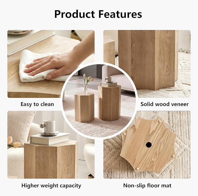 Nesting Coffee Table Set of 2,Modern Nesting Tables for Living Room,Octagonal End Table and Side Table Set,Wooden Center Table for Small Spaces,Plant Stand for Balcony,Fully Assembly,Natural Finish.