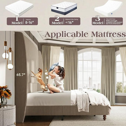 65.7" Tall Headboard California King Size Upholstered Bed Frame with Wingback, Soft Washable Corduroy Beds Cover, Solid Wood Legs, Noise-Free, No Box Spring Needed, Light Gray
