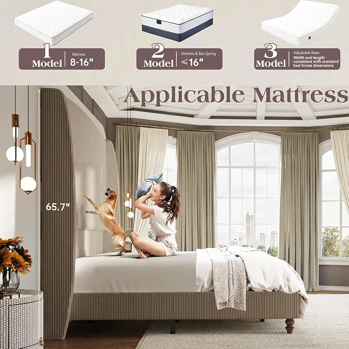 King Size Upholstered Bed Frame with 65.7" Tall Headboard Wingback, Soft Washable Corduroy Beds Cover, Solid Wood Legs, Noise-Free, No Box Spring Needed, Light Gray