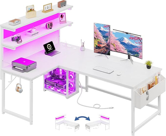DurayLoly 53 Inch L Shaped Desk Computer Desk with LED Light & 5 Power Outlet, Reversible White Desk with Shelf & Storage Bag & Hook White Vanity Desk for Home Office, White