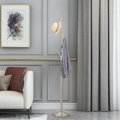 Kira Home Addison 68" Modern Standing Coat Rack with 6 Hanging Hooks, Sleek Metal Silver Coat Stand with Weighted Base, Satin Steel Finish