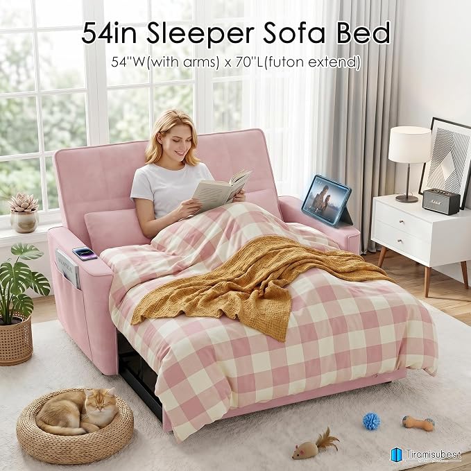 54'' Sleeper Sofa Bed, Convertible Pull Out Couch Futon for for Living Room,Apartment (Pink, Loveseat) Side Pockets, Velvet Fabric, Adjustable Backrest, Pull-Out Bed, Easy Assembly
