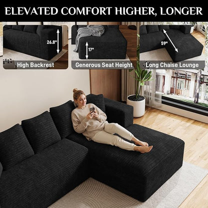 Oversized L Shaped Boneless Sectional Couches for Living Room, 107" Comfy Fluffy Cloud Modular Sectional Sofa, Plush Corduroy Memory Foam Floor Sofa with Right Facing Chaise Couch