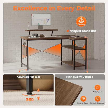 Mericonia Small L Shaped Computer Desk with Power Outlets, Reversible Gaming Desk with Storage Shelves & Monitor Stand, Corner Gamer Desk Table, Study Writing Table