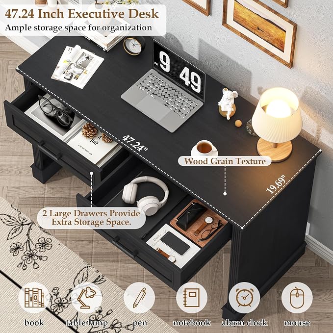 Vabches Farmhouse Executive Desk with Drawers, 48 Inch Simple Home Office Writing Desk, Computer Desk Workstation for Small Spaces, Bedroom Study Black
