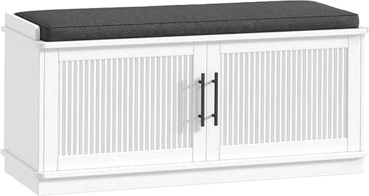 Akxomel Fluted Shoe Storage Bench with Cushion, 39.4" Entryway Bench with Adjustable Shelves and 2 Doors, Shoe Cabinet Bench with Curved Profile, for Hallway, Living Room, Bedroom, White