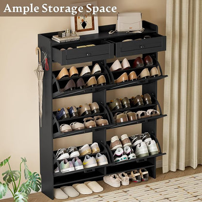 BORNOON Shoe Cabinet for Entryway, Farmhouse Shoe Storage Cabinet with 6 Flip Drawers and 2 Top Drawers, Tall Narrow Shoe Organizer Cabinet with Adjustable Shelves, Side Hooks and Anti-Tip Kit