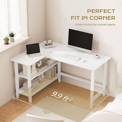 IOTXY Reversible L-Shaped Office Desk - 45" Compact Corner Computer Table with Storage Shelves, Solid Wood Legs, Writing & Study Workstation for Small Spaces, White