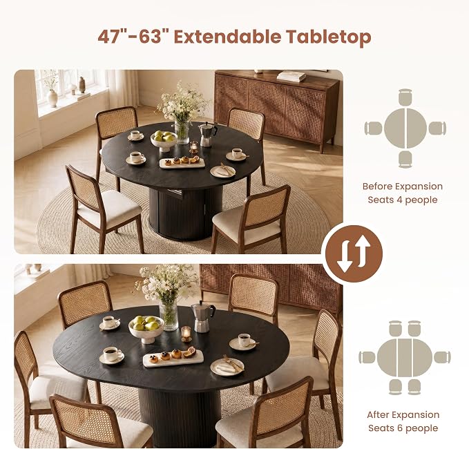 47''-63'' Extendable Round Dining Table for 4-6, Round Dining Room Table with Hidden Storage, Modern Wooden Kitchen Table with Fluted Sliding Door Cabinet for Dining Room Kitchen, Black